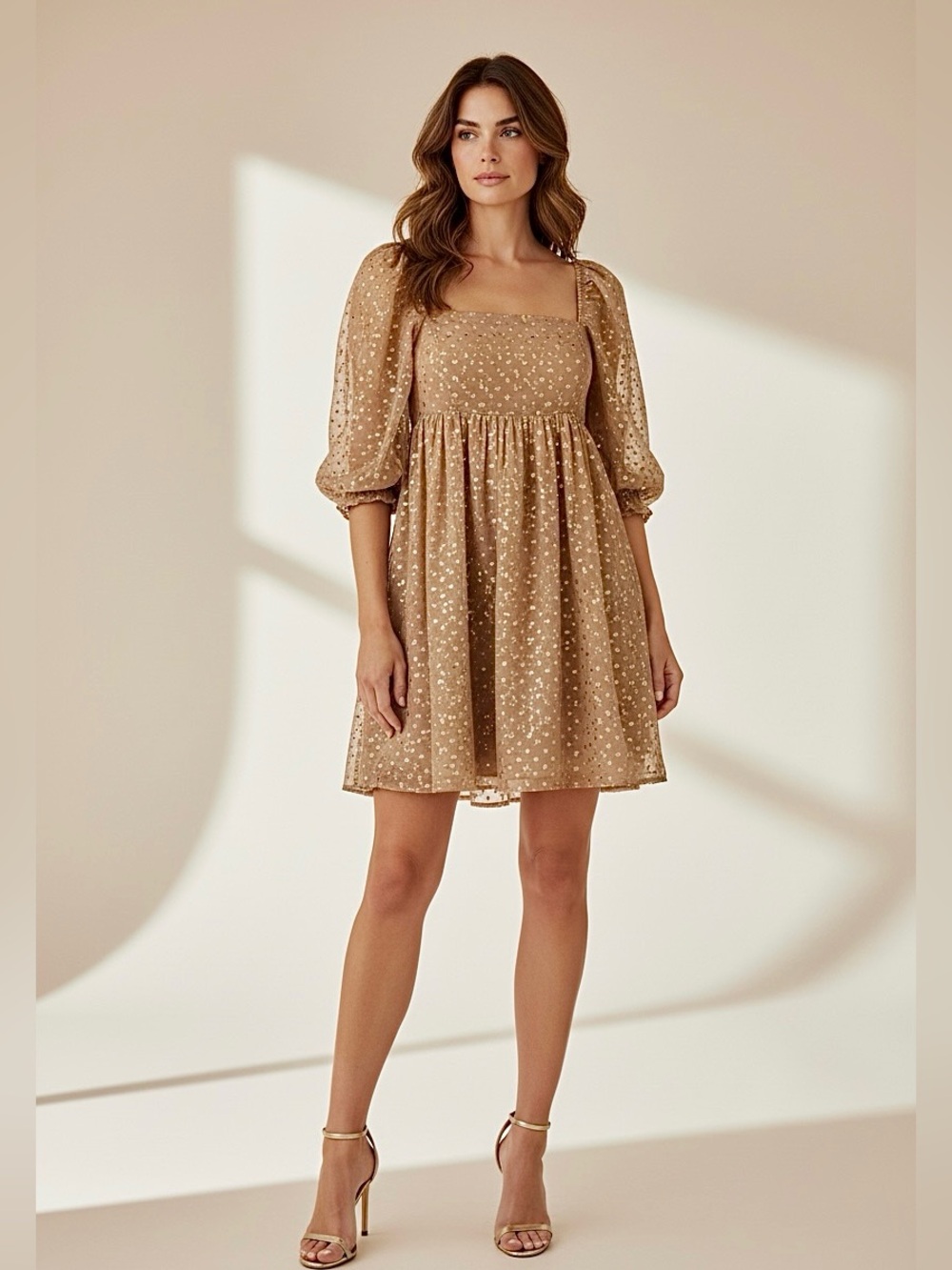 NWT Storia BABYDOLL Nude and a metallic Gold Mini Dress